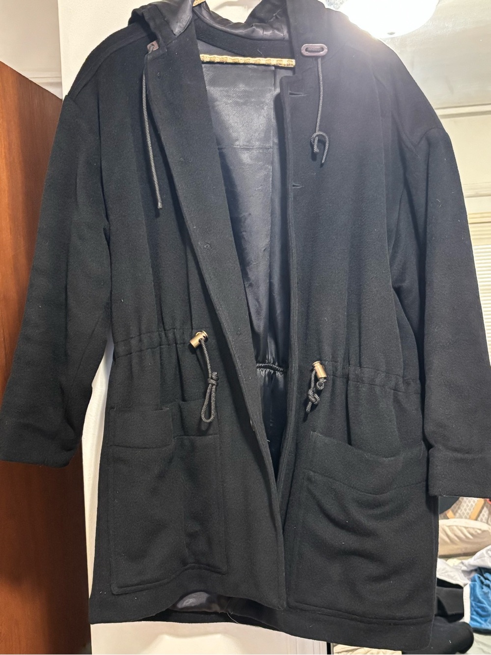 Black Hooded Drawstring Parka Jacket